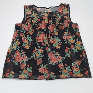 Bobbie Brooks Ladies Blouse Medium Floral Black Pink Sleeveless Lined Pleated